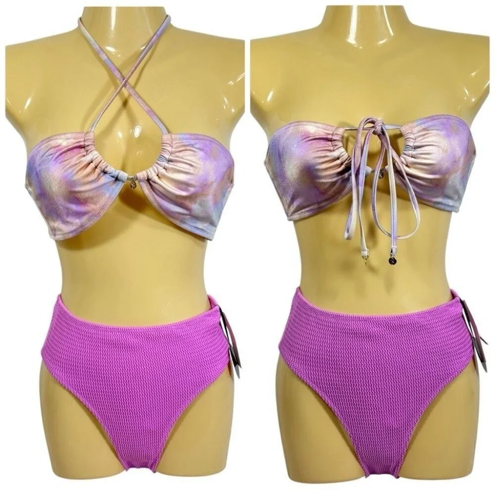 Victoria's Secret The Wave Bikini Set Purple Tie Dye Halter Top Crinkle Bottom M